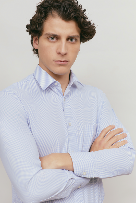 Camisa Business Slim Fit Azul Celeste Cuadros