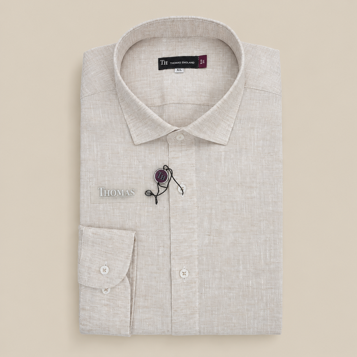 Camisa Thomas England Casual — Mezcla Lino Algodón Arena