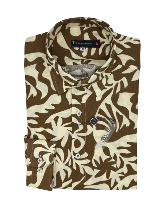 Camisa City Casual Regular Fit Caqui Follaje Textura Lino