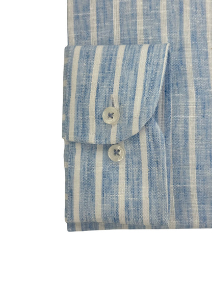 Camisa City Casual Slim Fit Azul Rayas Textura Lino