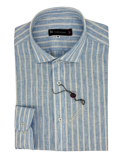 Camisa City Casual Regular Fit Azul Rayas Textura Lino