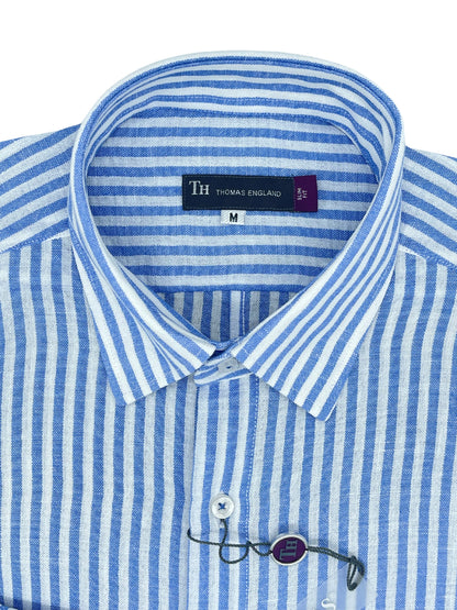 Camisa City Casual Regular Fit Azul Rayas Textura Lino