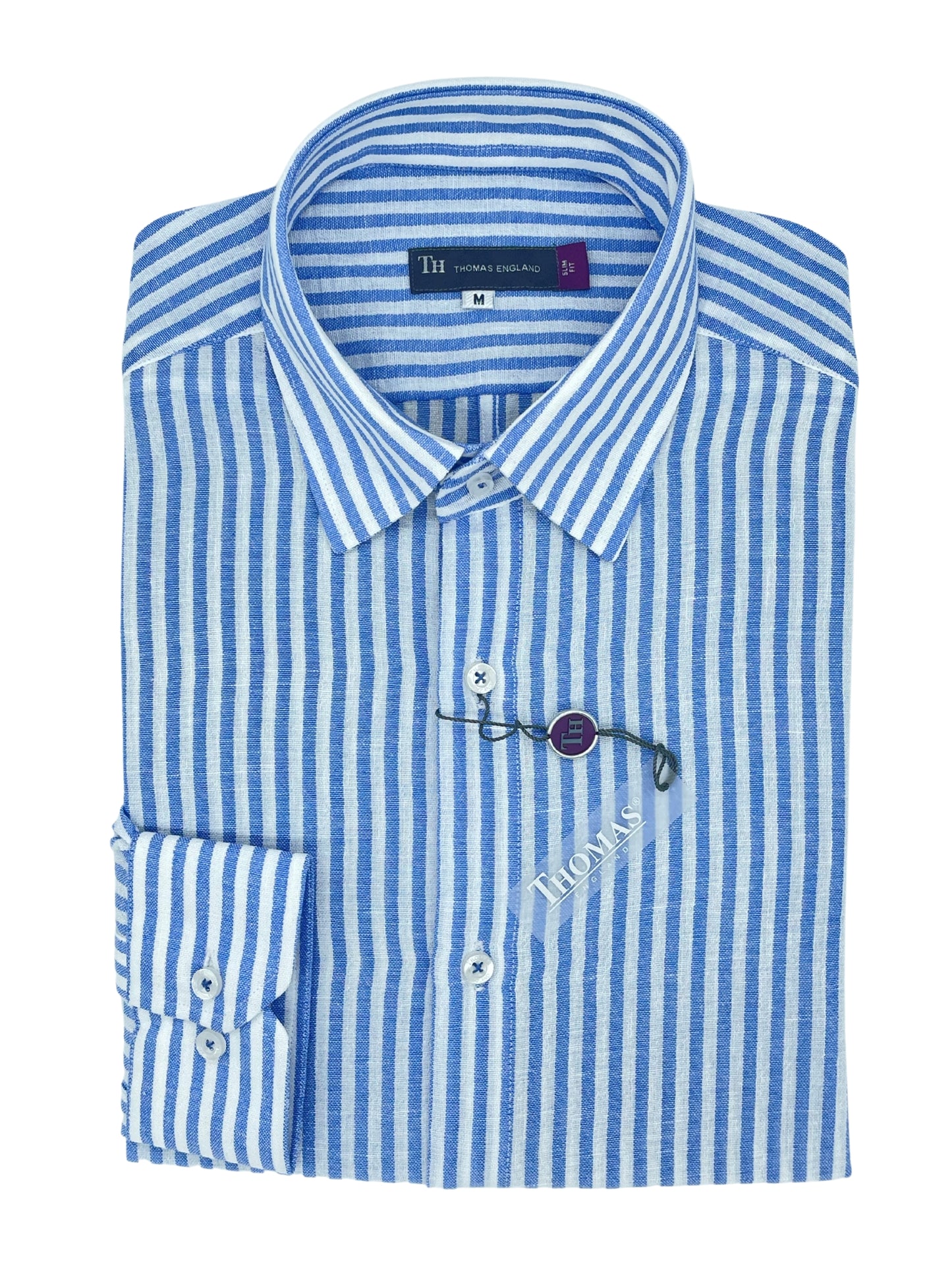 Camisa City Casual Slim Fit Azul Rayas Textura Lino